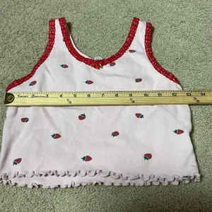 Y2K Pink Strawberry‎ Print Pajama Set Cotton Lace Trim Lettuce Edge Small thumbnail 3