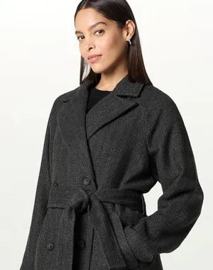 The Drop Women's Grey Herringbone Double Breasted Belted Long‎ Overcoat M thumbnail 1