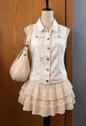 Mudd White Denim Crochet Lace Back Button Vest Size Medium 100% Cotton thumbnail 1
