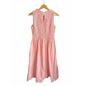 LOFT Striped Poplin Midi Dress Women’s M Pink Orange Sleeveless Smocked Preppy thumbnail 4