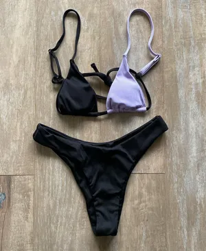 Lilac and black colorblock bikini top and bottom two piece set S NEW thumbnail 1