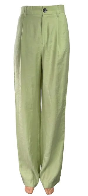 Zara Womens Green High Waisted Pleated Straight Wide Leg Trousers Dress Pants XS thumbnail 1