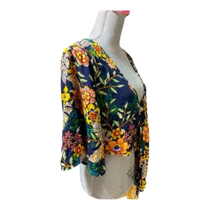 New Look Floral Tie-Front Crop Top Boho Kimono Sleeve Navy Multicolor Size M thumbnail 4