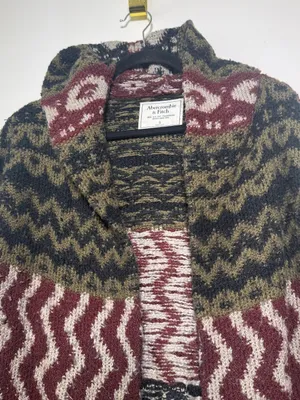 Abercrombie & Fitch Womens Olive, Burgundy Patterned Open Cardigan Sweater Small thumbnail 2