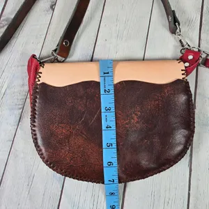 Handcrafted Tooled Leather Feather‎ Crossbody Bag Red Tan Whipstitch Boho Purse thumbnail 12