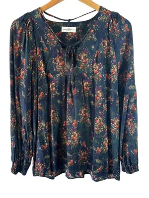 Natural Life Black Floral Boho Peasant Blouse Size Large Rayon Tie Neck Top thumbnail 2
