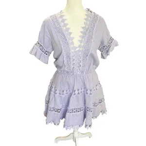 Peixoto Ora Lavender Eyelet Lace Cotton Mini Dress Flutter Sleeve Boho Resort S thumbnail 2