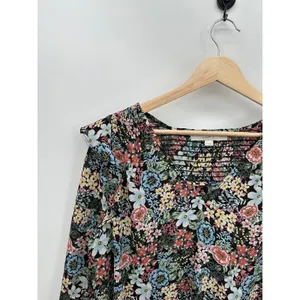 Loft Women Blouse Black Floral Ruffle Sheer Size Medium Dark Feminine‎ Smocked thumbnail 4