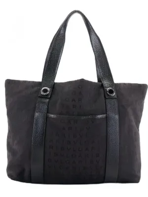 Bvlgari "Logo Mania" Black Signature Print Canvas Tote Bag With Leather Trim thumbnail 2