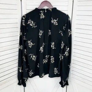 J. Crew Floral Smocked Ruffle Trim Blouse Black‎ Tan Large thumbnail 8