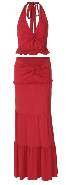 Red Plunge Neck Halter Top and Tiered Ruched Maxi Skirt Set thumbnail 1