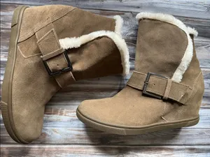DKNY boots Faux Shearling learher Suede Ankle Boots - Camel wedge slip on 8.5 thumbnail 2