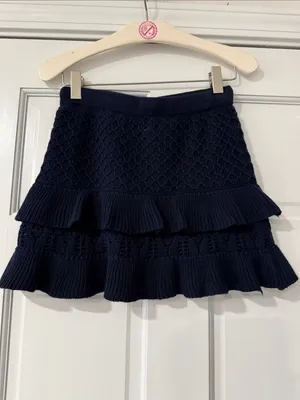Millie Bobby Brown Navy Knit Tie-Front Ruffle Mini Skirt Soft Perfect Fit XXS thumbnail 7