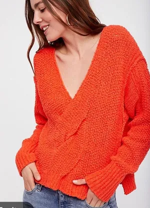 Free People Coco V-Neck Surplice Sweater M Orange Boho Chunky Knit Oversized thumbnail 1