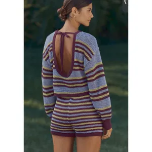 Anthropologie Striped Open Knit Cropped Sweater Open Back Tie purple L thumbnail 2