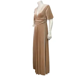 Baltic Born Women's Medium Tan V-Neck Bridesmaid Short Sleeve Velvet Maxi Dress thumbnail 5