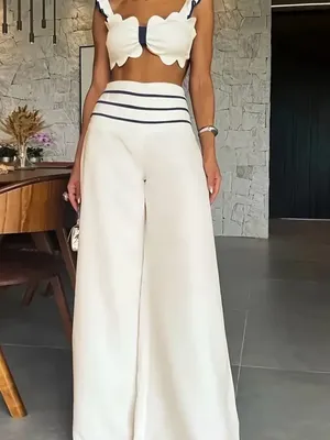 Chic Me brand White High-Waist wide leg pants & crop set with Navy detail. NIB thumbnail 4