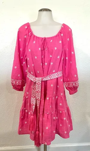 A Loves A Hot Pink Embroidered Boho Tunic Dress with Waist Tie Size Medium thumbnail 1