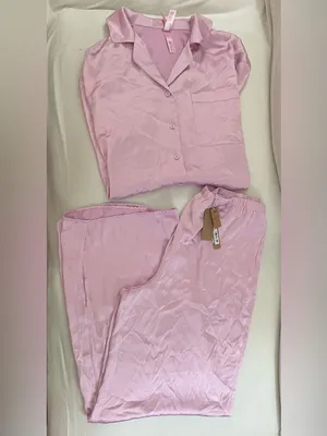 SKIMS Woven Shine Long Sleeve Sleep Set Pajamas Pink Rose Size M NWT thumbnail 4