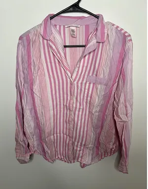 Victoria's Secret Women's Medium Short Pajama Shirt Stripe Pink Cotton Bottom Up thumbnail 1