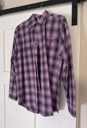Wrangler Men’s Pink Plaid Button-Up Shirt - breast cancer awareness thumbnail 1