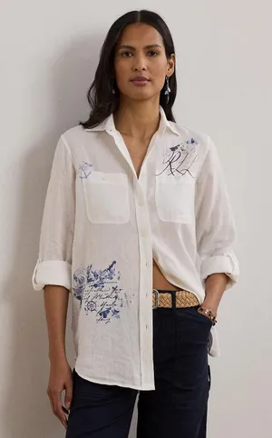 Lauren Ralph Lauren 100% Linen Nautical Graphic Button Down Shirt White XS NWT thumbnail 1