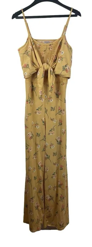 No Boundaries Yellow Floral Smocked Tie Front Back Cut Out Summer Jumpsuit L NWT thumbnail 1