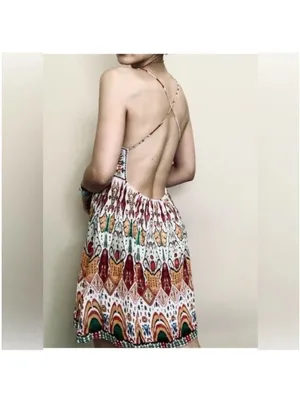 ZARA Chiffon Printed Strappy Embroidered Dress Open Back Sequins multicolor XS thumbnail 4