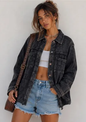 Washed Black Shacket Jacket M Womens Edgy Grunge Western Urban Casual Festival thumbnail 1