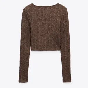 Zara Textured Pointelle‎ Brown Long Sleeve Cropped Top thumbnail 5
