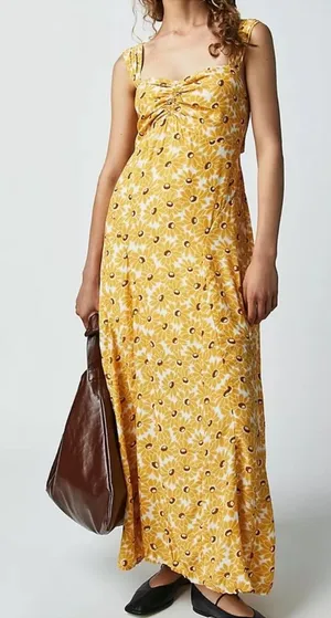 Free People Women’s Rosalee Midi Dress Yellow Combo Sunflowers Floral Print Sz M thumbnail 1