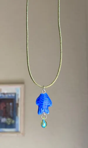 unique funky cute blue ceramic fish & Czech glass teardrop necklace⭐️🐟💕 thumbnail 2
