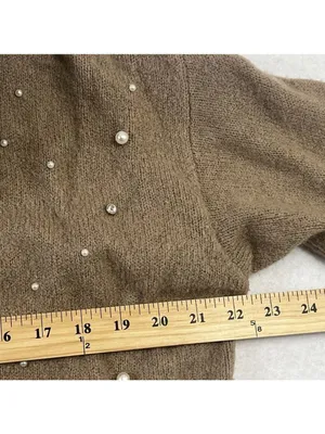 Chico's Open Front Faux-Pearl Cardigan Sweater Size 1 Medium Wool Blend Brown thumbnail 10