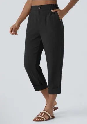 NWT Halara High Waisted Zipper Pocket Capri Linen Feel Pants in Black Size XL thumbnail 1