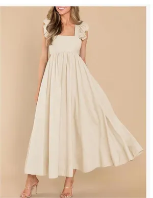NEW Flutter Sleeve Square Neck Tie Back A-Line Maxi Dress Pocket L thumbnail 4