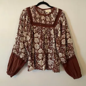 Cleobella Burgundy Red White Floral Smocked Lace Peasant Blouse Cotton Women XL thumbnail 1