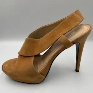 DIANE VON FURSTENBERG Zia Platform Stiletto Heel Sandals 7.5 Camel Suede Neutral thumbnail 1