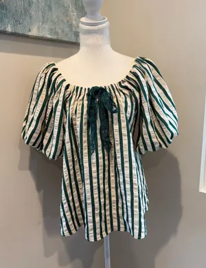 Umgee Green and White Striped Puff Sleeve Peasant Top thumbnail 1