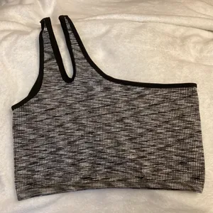 aerie One-Shoulder Black & Gray Space-Dye Crop Top thumbnail 1