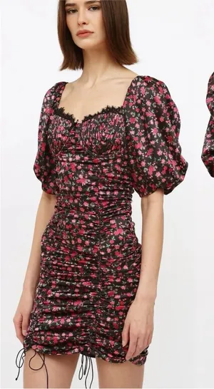 For Love & Lemons Melrose Ruched Puff Sleeve Mini Dress‎ Satin Multicolor Size M thumbnail 1