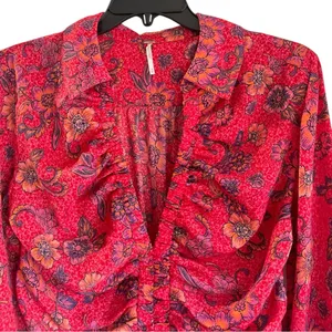 Free People Long Sleeve Floral V-Neck I Got You Printed Top Red Size Medium thumbnail 6