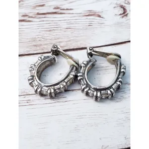 Vintage Clip On Earrings - Elongated Thick Hoops with Gems - Tarnished thumbnail 8