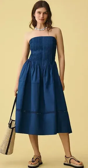 By Anthropologie Cotton Poplin Strapless Midi Dress Blue thumbnail 1