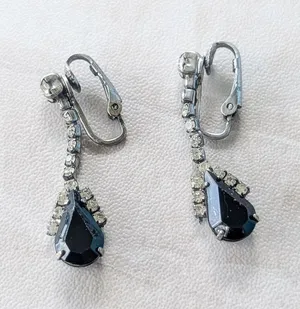 Vintage Clip On Earrings Clear Gems with Black Gem Drop Dangle Regal Stylish thumbnail 1