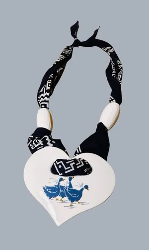 Handmade Blue Bandana White Ceramic Heart W/ Ducks 11” Necklace USA Made thumbnail 1