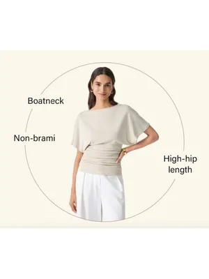 NWT Women’s OGL Short Sleeve Draped Ruched Tee Top Beige Size M thumbnail 4