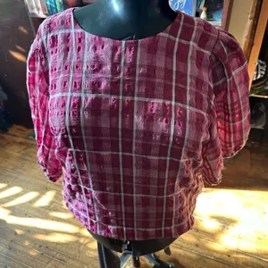 Madewell pink plaid semi sheer lined L puff sleeve blouse thumbnail 1