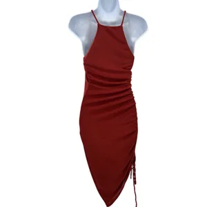 VICI Rust Orange Ruched Asymmetrical Halter Neck Bodycon Midi Dress Size Medium‎ thumbnail 3