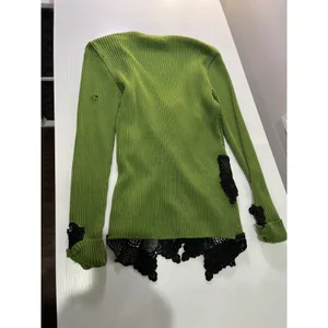 Melony New York Green Ribbed Knit Top -‎ Lace Trim - Flawed/TLC Fine Merino Wool thumbnail 2