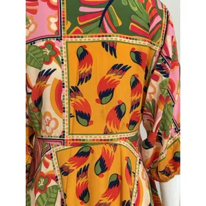 Tropical Patchwork Parrot Mini Dress Boho Resort Farm Rio Style Swim Cover S thumbnail 10